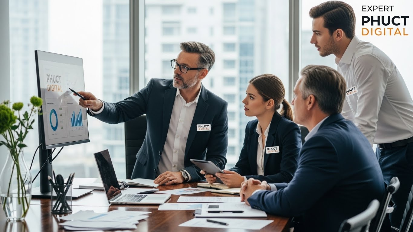 Đội ngũ chuy&ecirc;n gia PhucT Digital đang tư vấn cho kh&aacute;ch h&agrave;ng 