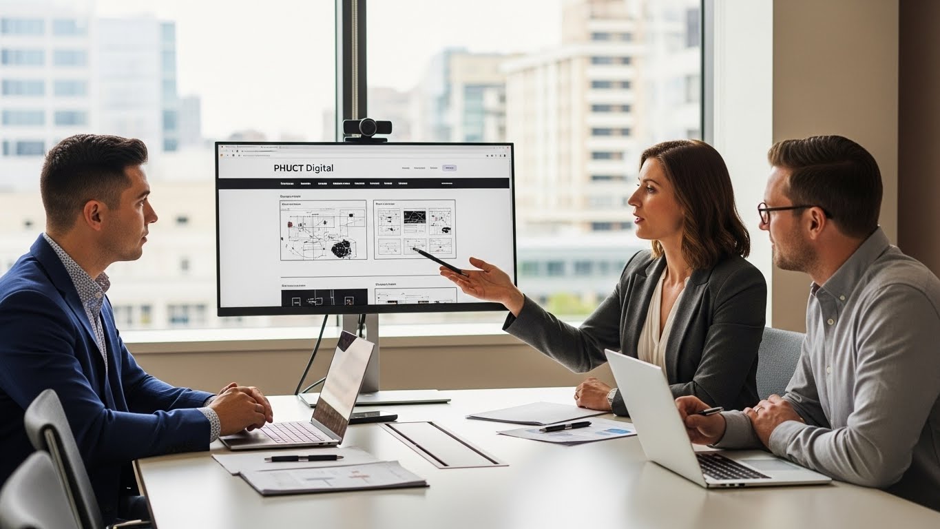 Đội ngũ chuy&ecirc;n gia PhucT Digital đang tư vấn giải ph&aacute;p website cho kh&aacute;ch h&agrave;ng 