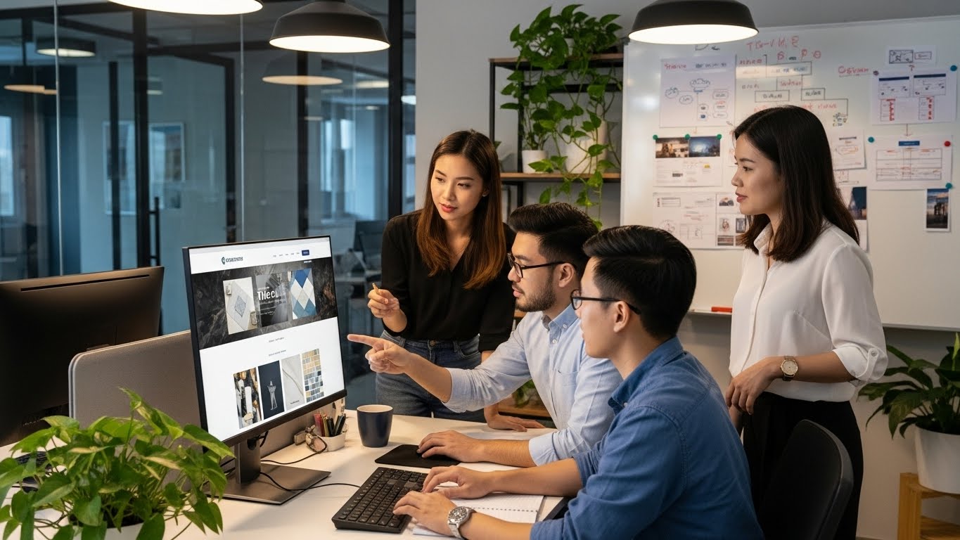 Đội ngũ chuy&ecirc;n gia THIETKEWEBCHUYENNGHIEP.ORG đang họp b&agrave;n về dự &aacute;n website gạch 