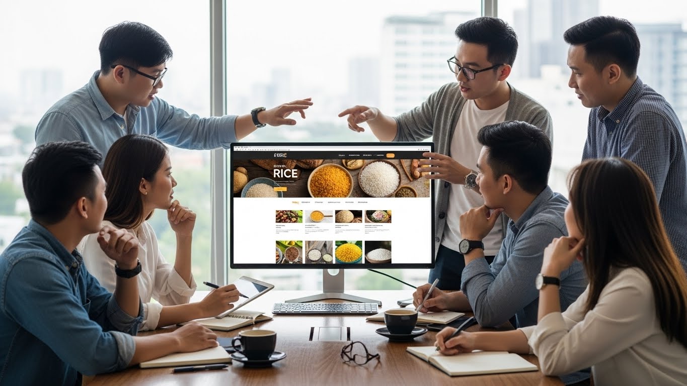 Đội ngũ chuy&ecirc;n vi&ecirc;n THIETKEWEBCHUYENNGHIEP.ORG đang thảo luận về giao diện website b&aacute;n gạo 