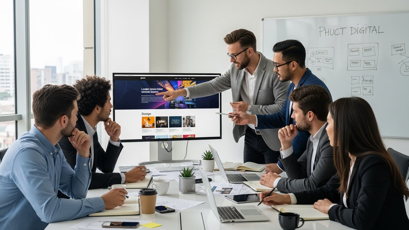 Đội ngũ PhucT Digital đang họp b&agrave;n về dự &aacute;n thiết kế website 