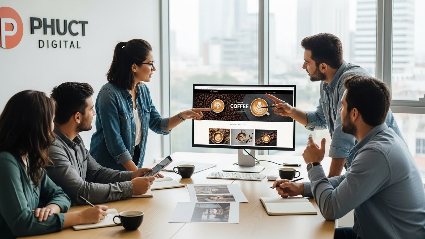 Đội ngũ PhucT Digital đang họp b&agrave;n về dự &aacute;n thiết kế website cho một thương hiệu cafe lớn 