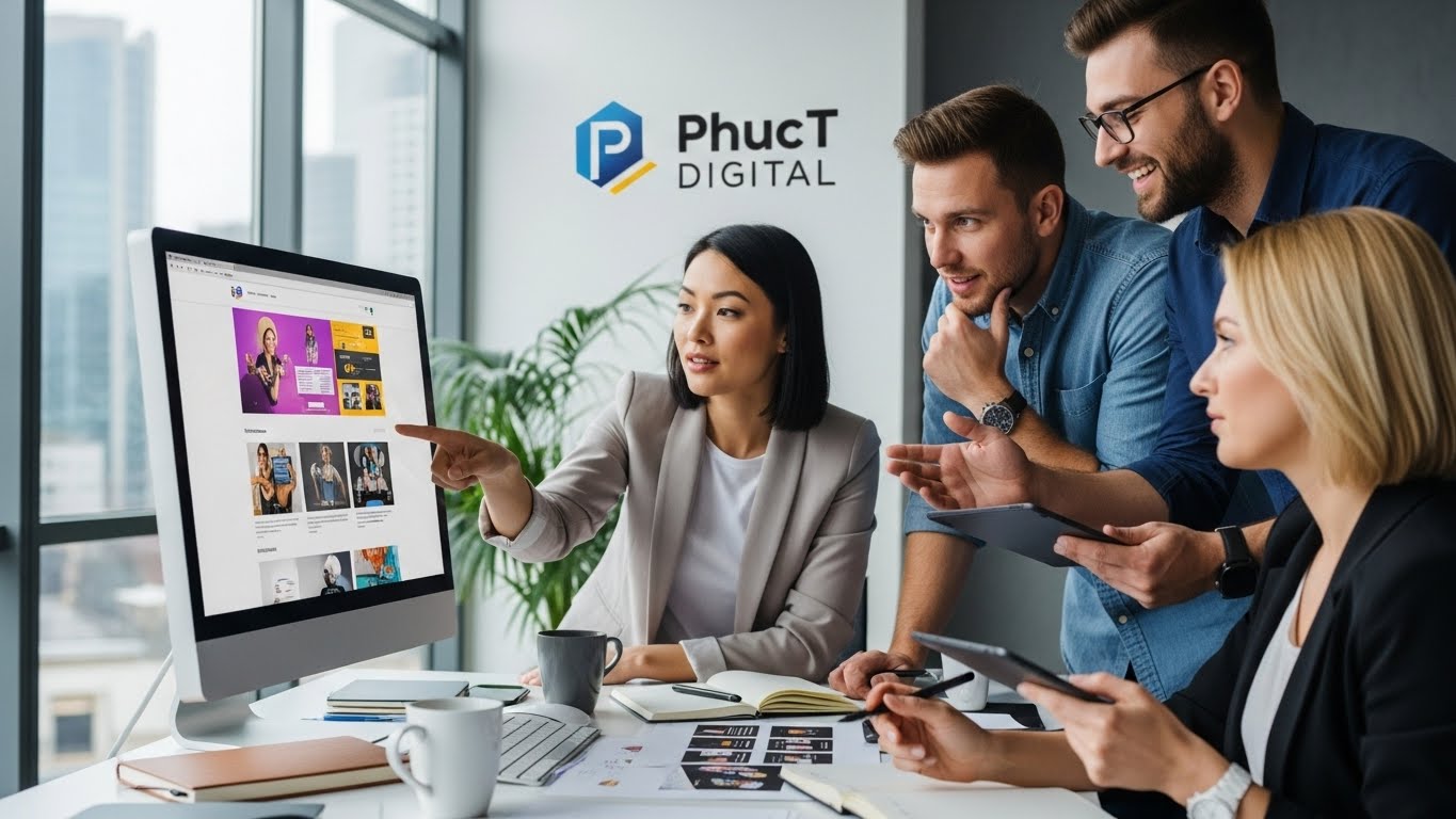 Đội ngũ PhucT Digital đang họp b&agrave;n về một dự &aacute;n thiết kế website, thể hiện sự chuy&ecirc;n nghiệp v&agrave; hợp t&aacute;c 