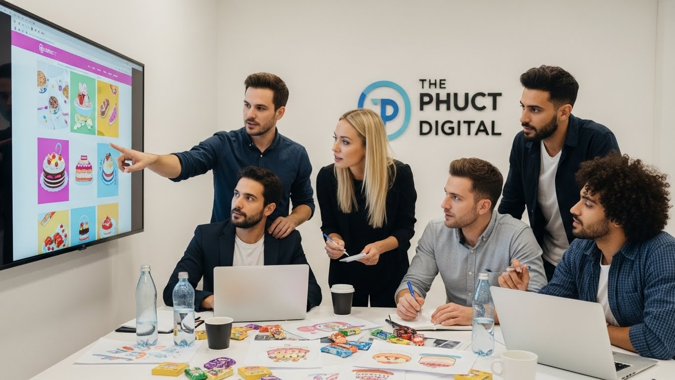 Đội ngũ PhucT Digital đang thảo luận về dự &aacute;n thiết kế website b&aacute;n b&aacute;nh kẹo 