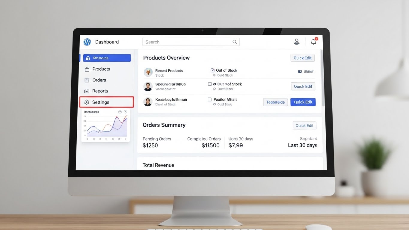 Giao diện quản trị website WordPress trực quan, dễ sử dụng, với c&aacute;c mục sản phẩm, đơn h&agrave;ng, b&aacute;o c&aacute;o. 