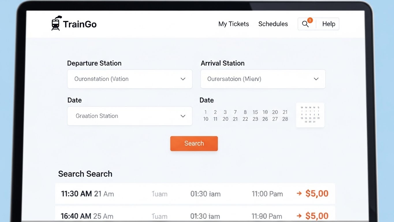Giao diện t&igrave;m kiếm v&eacute; t&agrave;u trực quan tr&ecirc;n website, hiển thị ga đi, ga đến v&agrave; ng&agrave;y th&aacute;ng. 
