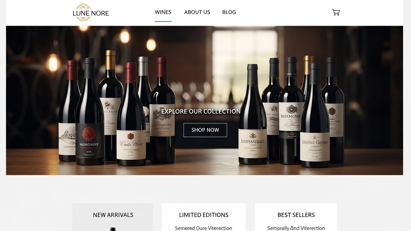 Giao diện trang chủ website b&aacute;n rượu sang trọng, hiển thị c&aacute;c chai rượu nổi bật 