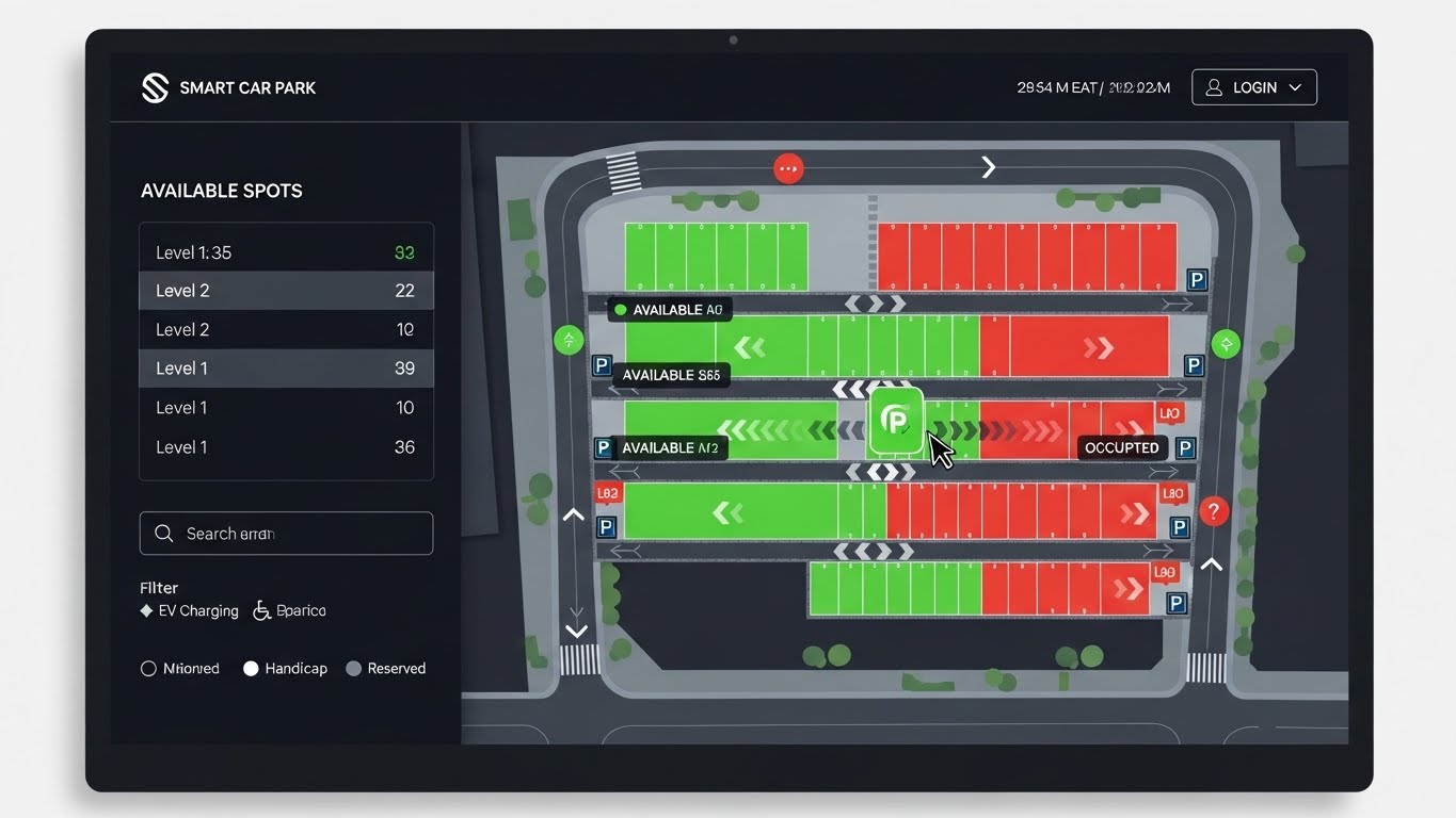 Giao diện website b&atilde;i đỗ xe th&ocirc;ng minh hiển thị số chỗ trống v&agrave; bản đồ 