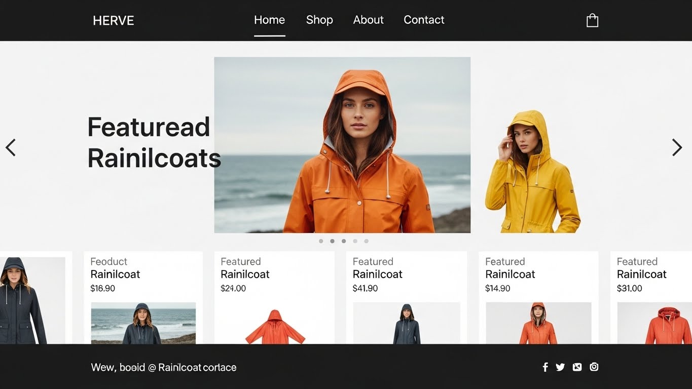 Giao diện website b&aacute;n &aacute;o mưa theo xu hướng tối giản, hiện đại 