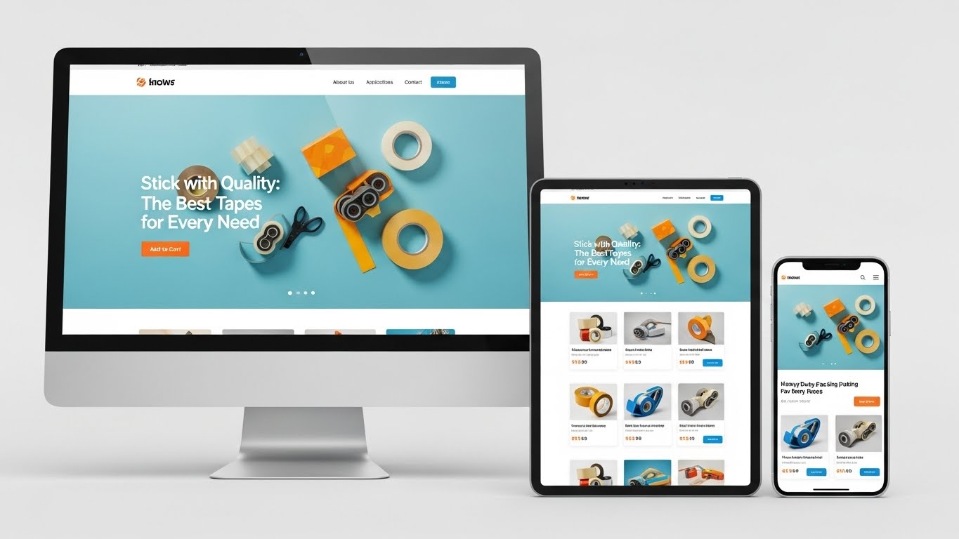 Giao diện website b&aacute;n băng keo hiển thị tr&ecirc;n nhiều thiết bị như m&aacute;y t&iacute;nh, điện thoại, m&aacute;y t&iacute;nh bảng 