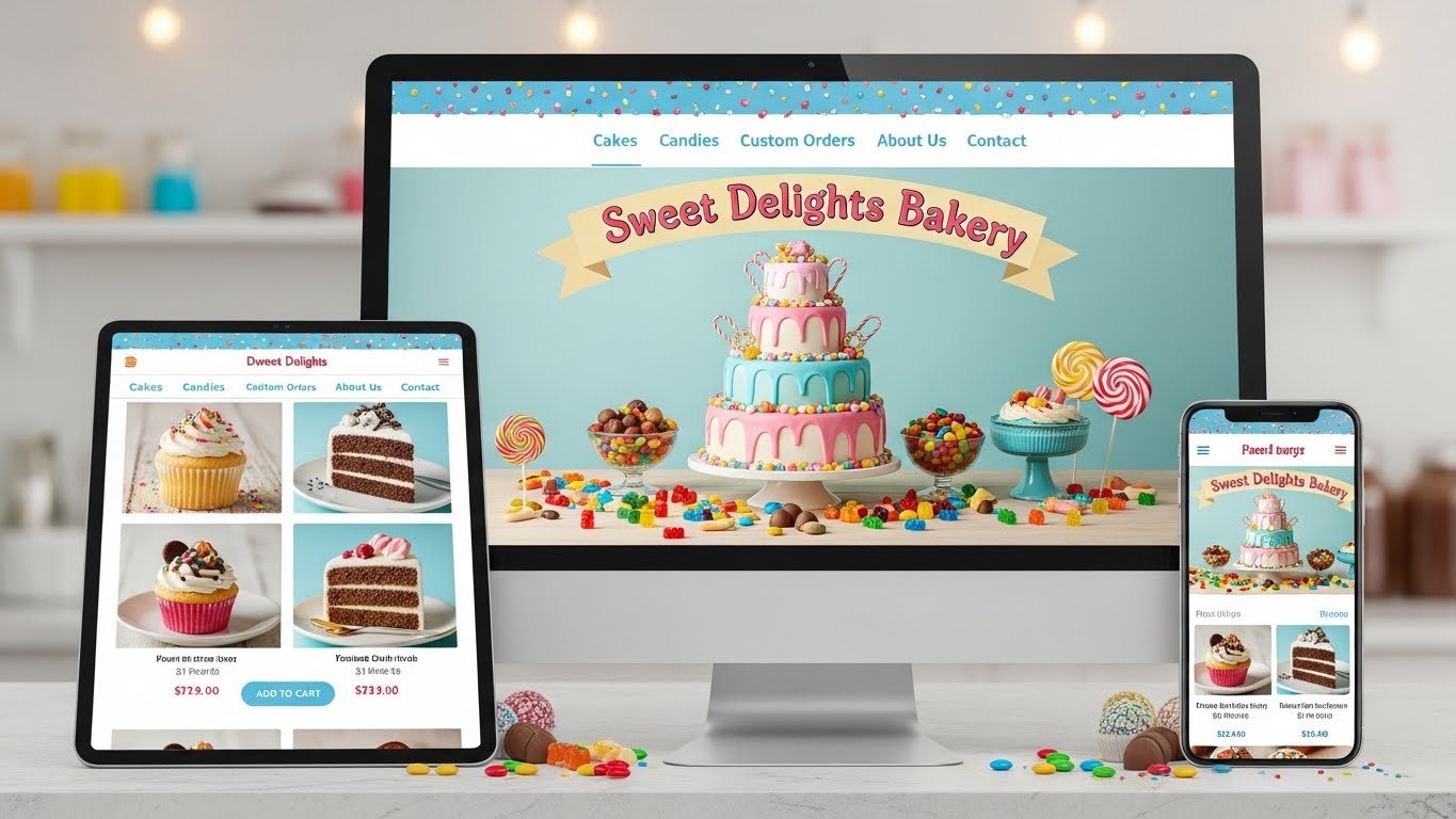 Giao diện website b&aacute;n b&aacute;nh kẹo ngọt ng&agrave;o tr&ecirc;n nhiều thiết bị 