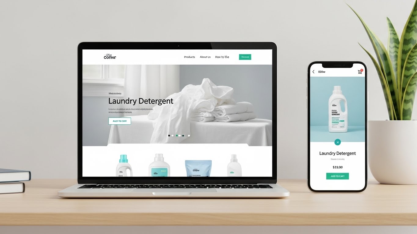 Giao diện website b&aacute;n bột giặt chuy&ecirc;n nghiệp, sạch sẽ tr&ecirc;n laptop v&agrave; điện thoại 