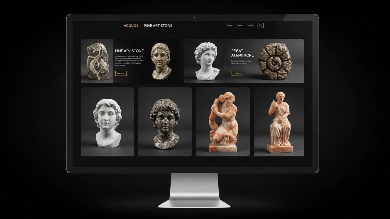 Giao diện website b&aacute;n đ&aacute; mỹ nghệ với h&igrave;nh ảnh sản phẩm lớn, sắc n&eacute;t tr&ecirc;n nền tối sang trọng 