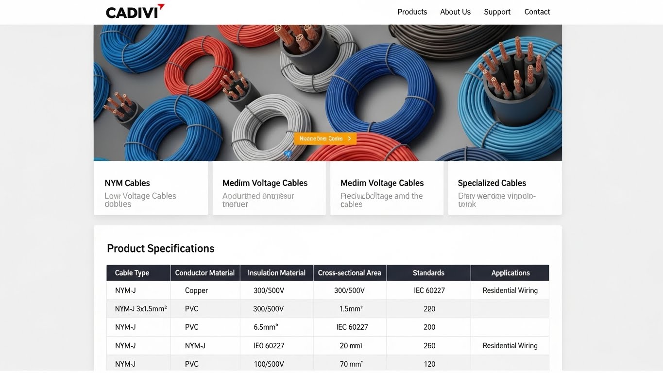 Giao diện website b&aacute;n d&acirc;y c&aacute;p điện Cadivi chuy&ecirc;n nghiệp, hiển thị r&otilde; th&ocirc;ng số kỹ thuật sản phẩm 