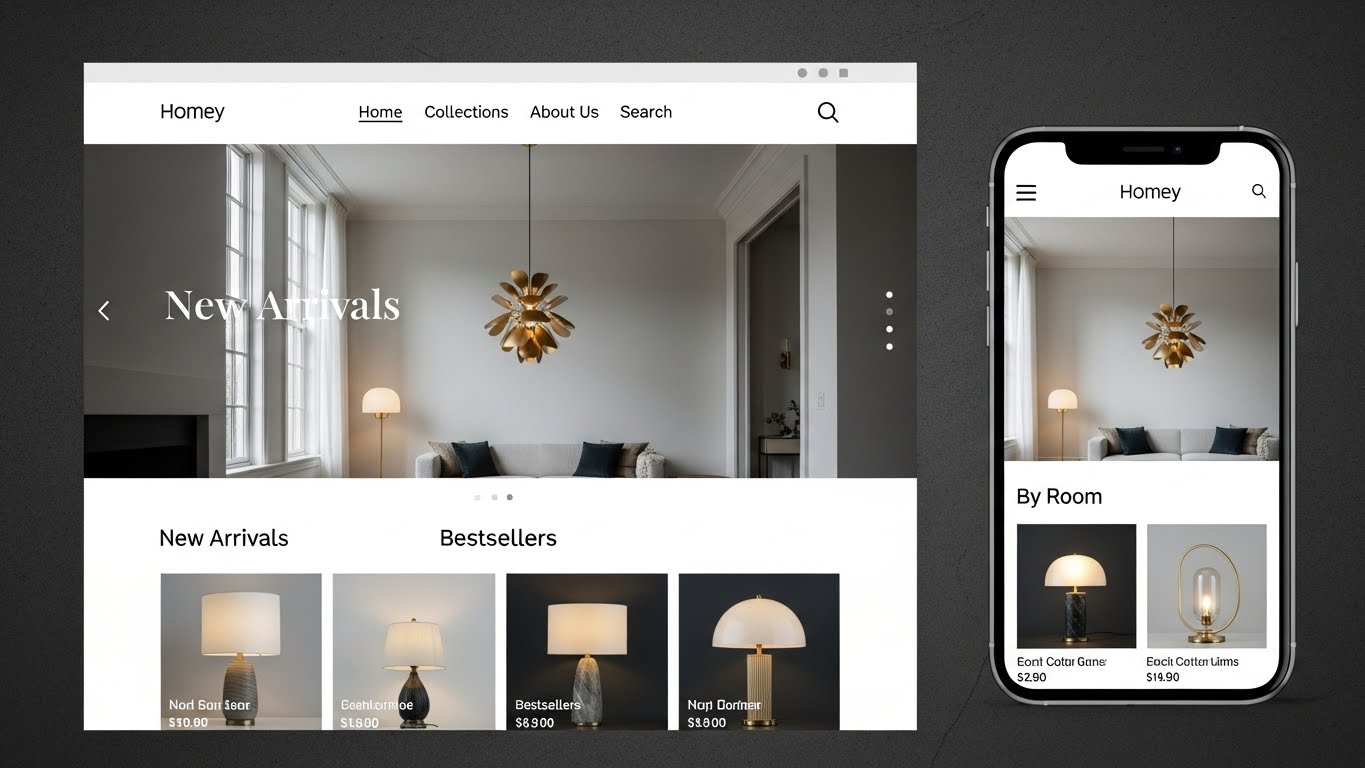 Giao diện website bán đèn trang trí hiện đại, sang trọng trên máy tính và điện thoại.