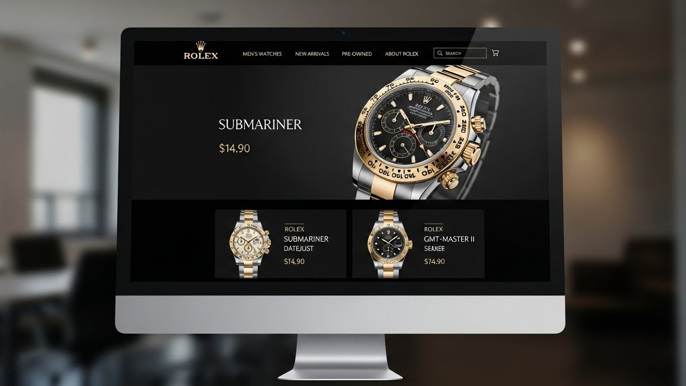 Giao diện website b&aacute;n đồng hồ Rolex sang trọng, đẳng cấp tr&ecirc;n m&agrave;n h&igrave;nh m&aacute;y t&iacute;nh 