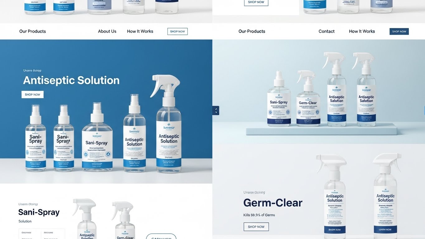 Giao diện website b&aacute;n dung dịch s&aacute;t khuẩn sạch sẽ, chuy&ecirc;n nghiệp với t&ocirc;ng m&agrave;u xanh dương v&agrave; trắng, hiển thị r&otilde; sản phẩm chai xịt. 