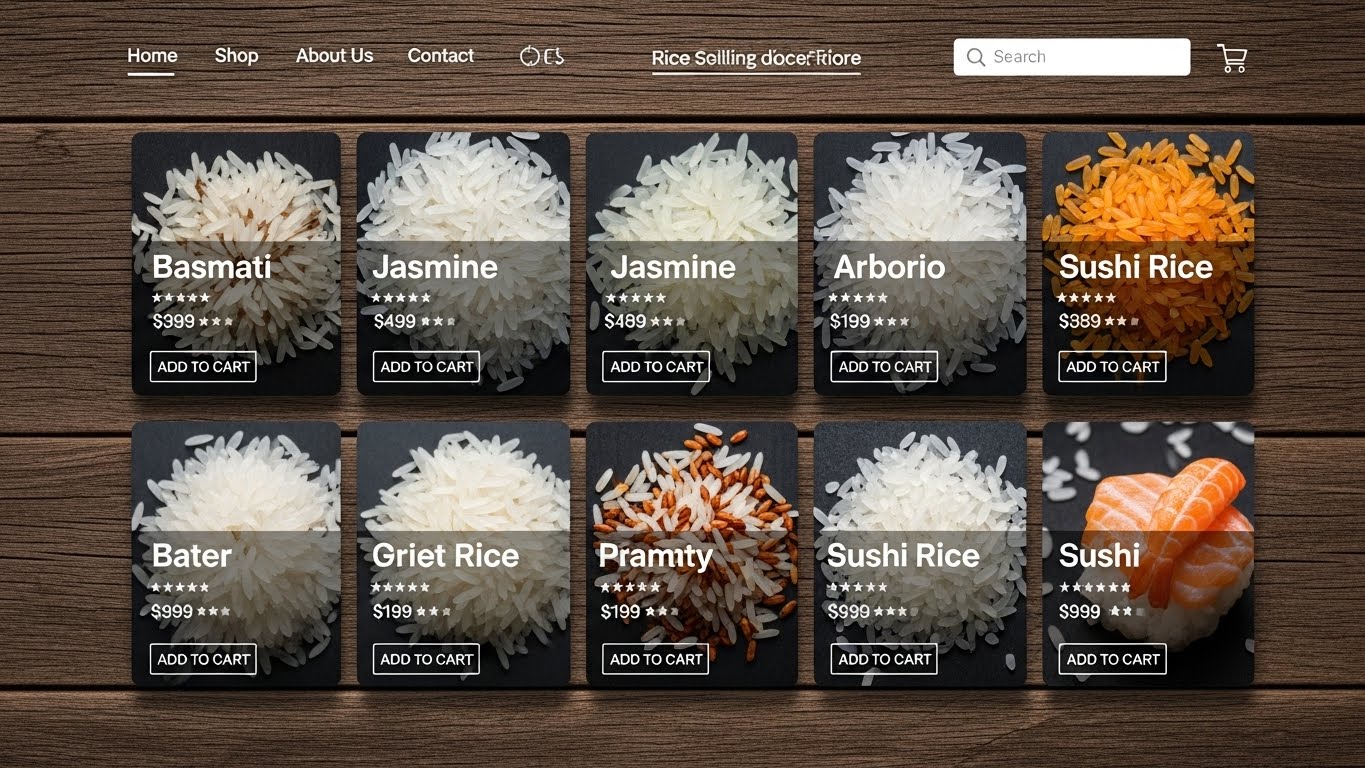 Giao diện website b&aacute;n gạo hiện đại, trưng b&agrave;y c&aacute;c loại gạo tr&ecirc;n nền gỗ mộc mạc 