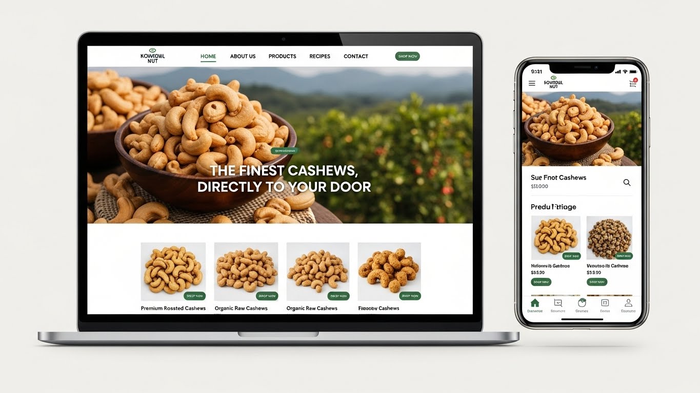 Giao diện website bán hạt điều chuyên nghiệp trên laptop và điện thoại