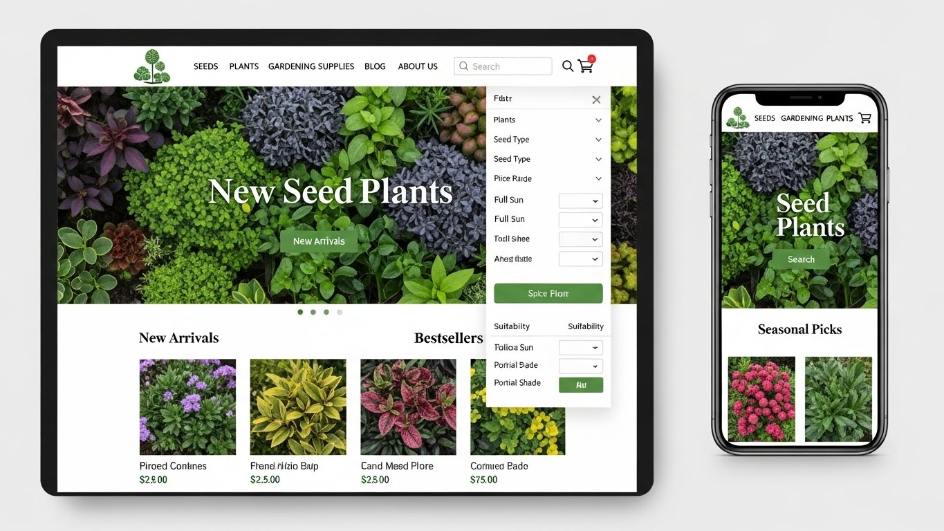 Giao diện website bán hạt giống cây trồng chuyên nghiệp trên máy tính và điện thoại.