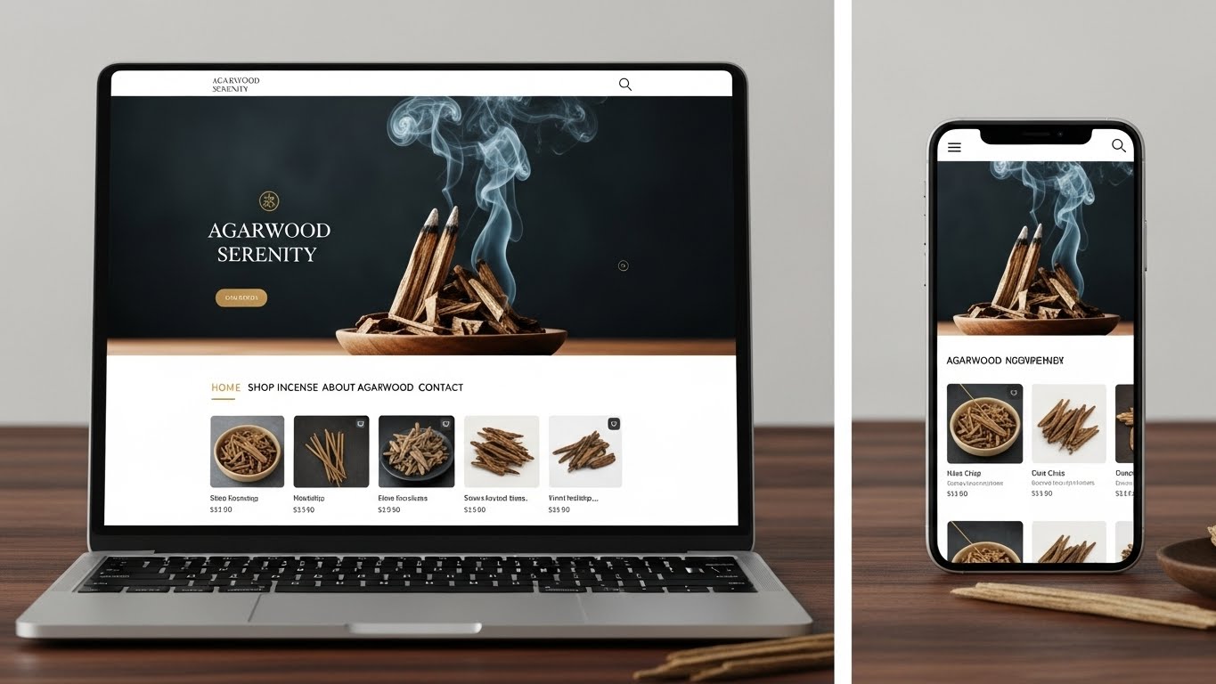 Giao diện website b&aacute;n hương trầm sang trọng tr&ecirc;n laptop v&agrave; điện thoại 