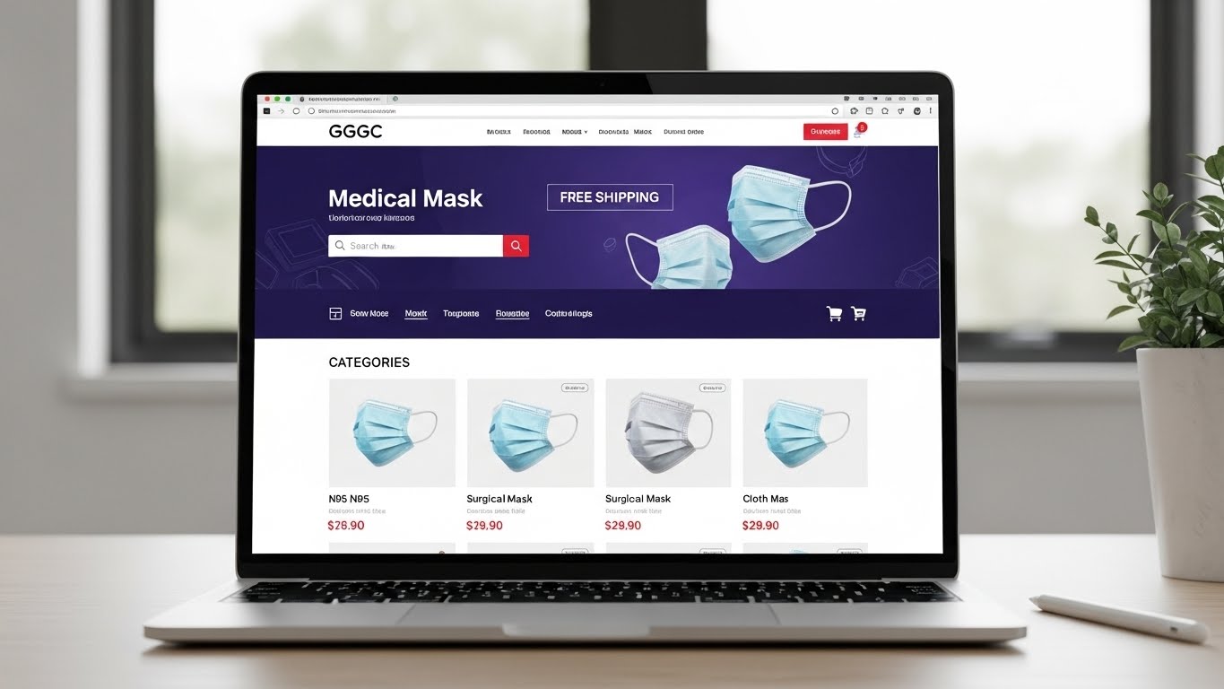 Giao diện website b&aacute;n khẩu trang y tế sạch sẽ, chuy&ecirc;n nghiệp tr&ecirc;n laptop 