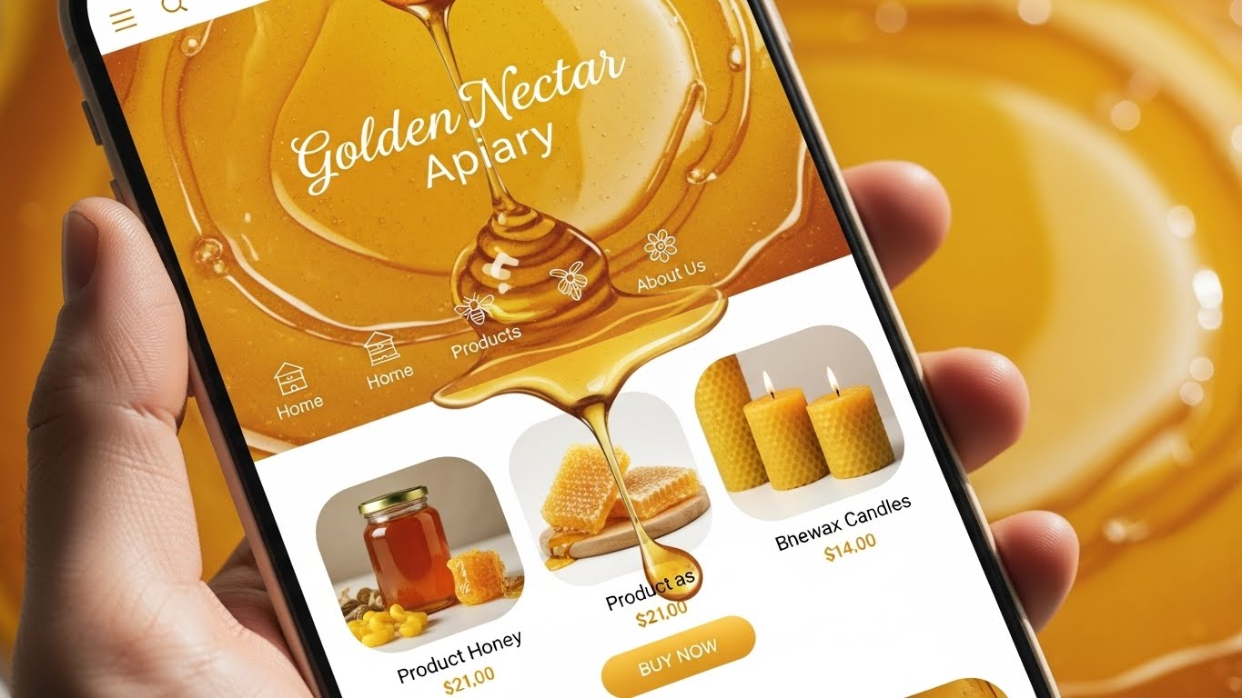 Giao diện website bán mật ong vàng óng, tinh khiết trên di động