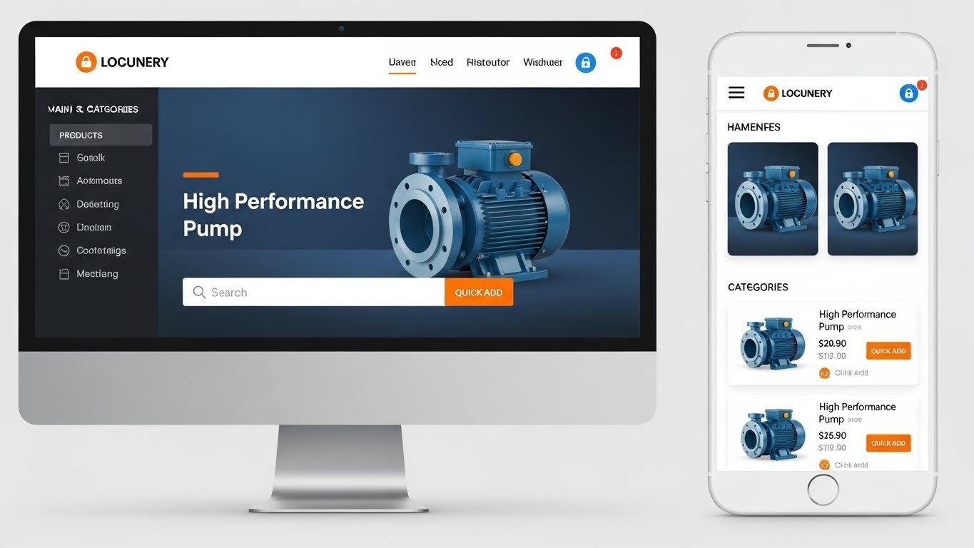 Giao diện website b&aacute;n m&aacute;y bơm tải nhanh tr&ecirc;n di động v&agrave; m&aacute;y t&iacute;nh, c&oacute; biểu tượng ổ kh&oacute;a bảo mật SSL. 