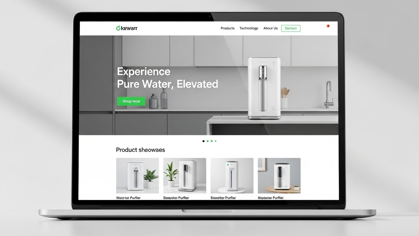 Giao diện website b&aacute;n m&aacute;y lọc nước hiện đại, sạch sẽ tr&ecirc;n laptop 