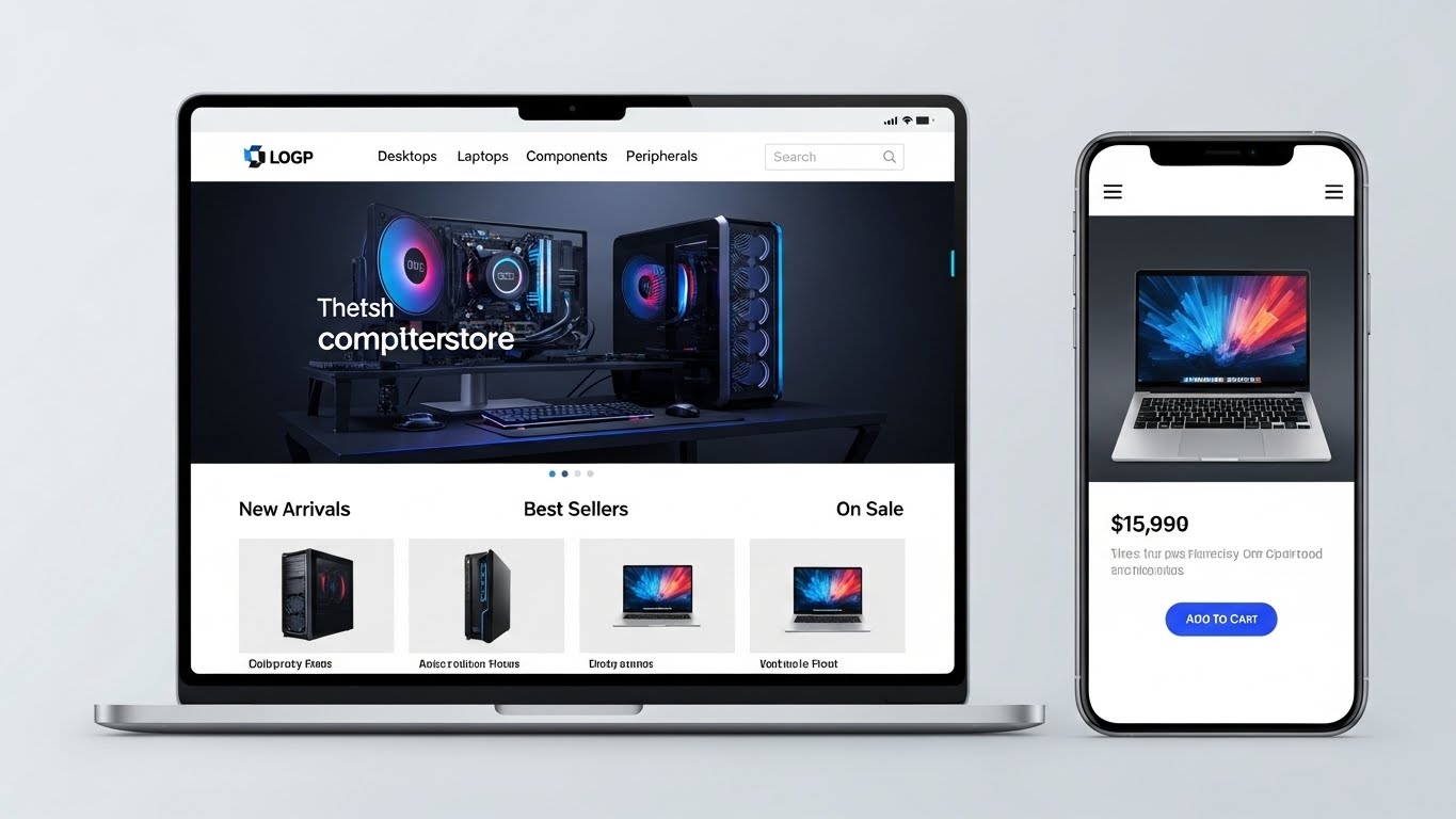 Giao diện website b&aacute;n m&aacute;y t&iacute;nh hiện đại, gọn g&agrave;ng tr&ecirc;n m&agrave;n h&igrave;nh laptop v&agrave; điện thoại 