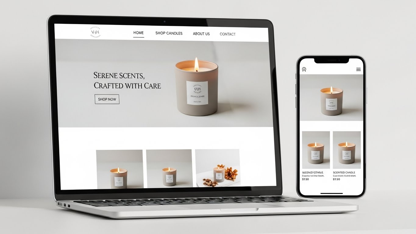 Giao diện website b&aacute;n nến thơm tinh tế, tối giản tr&ecirc;n laptop v&agrave; điện thoại. 