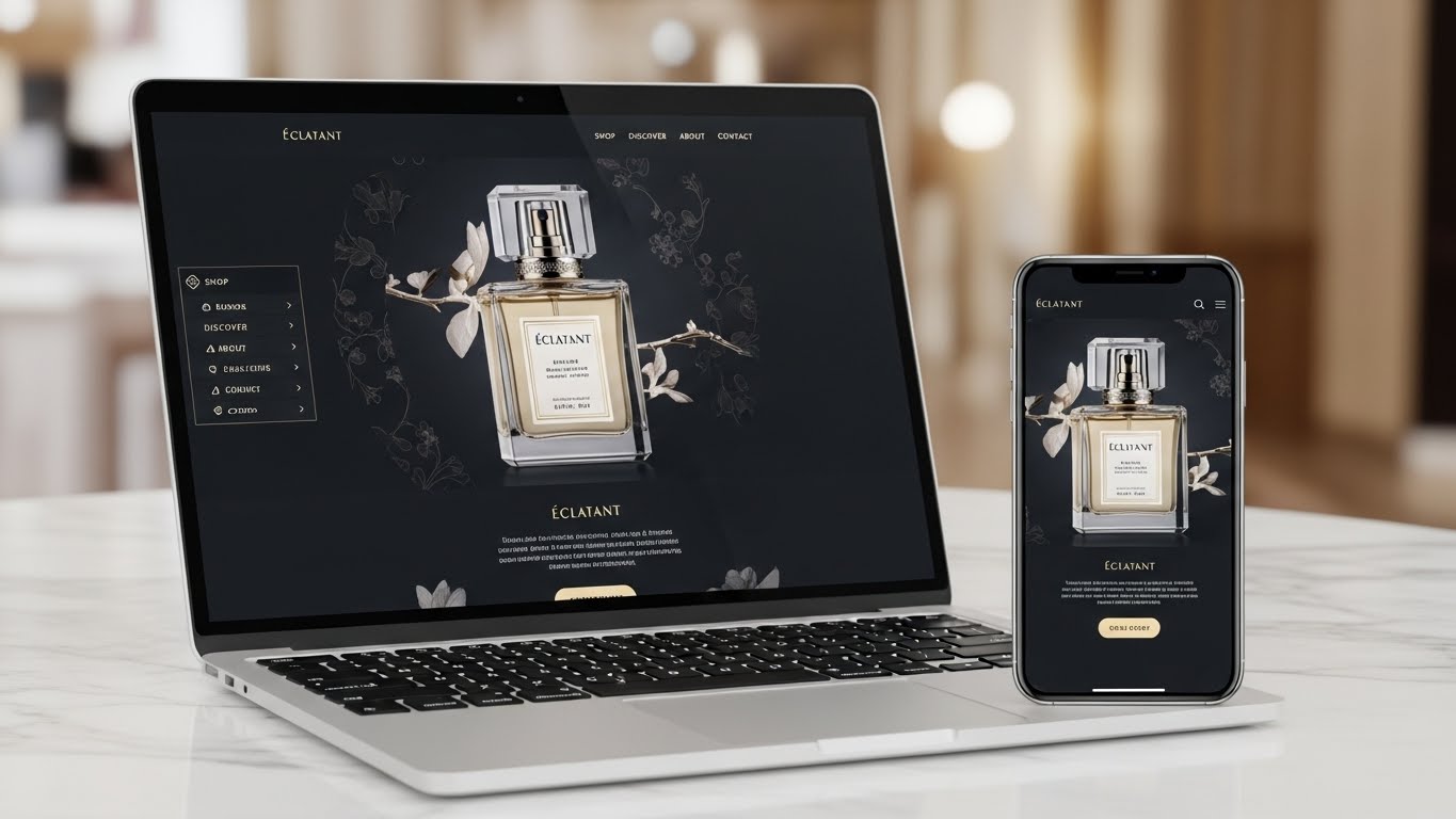 Giao diện website b&aacute;n nước hoa sang trọng tr&ecirc;n laptop v&agrave; điện thoại 