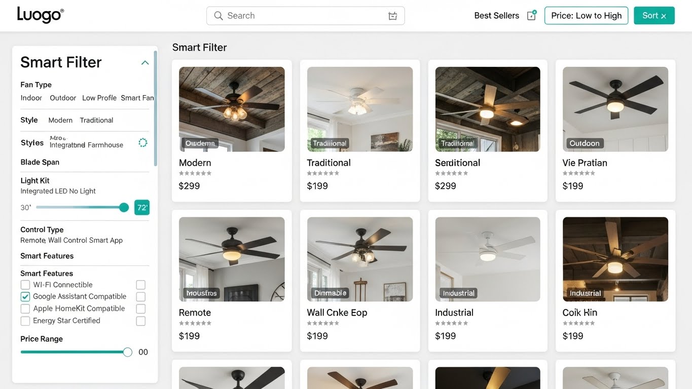 Giao diện website b&aacute;n quạt trần với c&aacute;c t&iacute;nh năng lọc sản phẩm th&ocirc;ng minh 