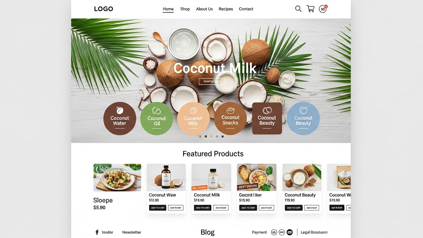 Giao diện website b&aacute;n sản phẩm từ dừa tươi m&aacute;t, hiện đại 