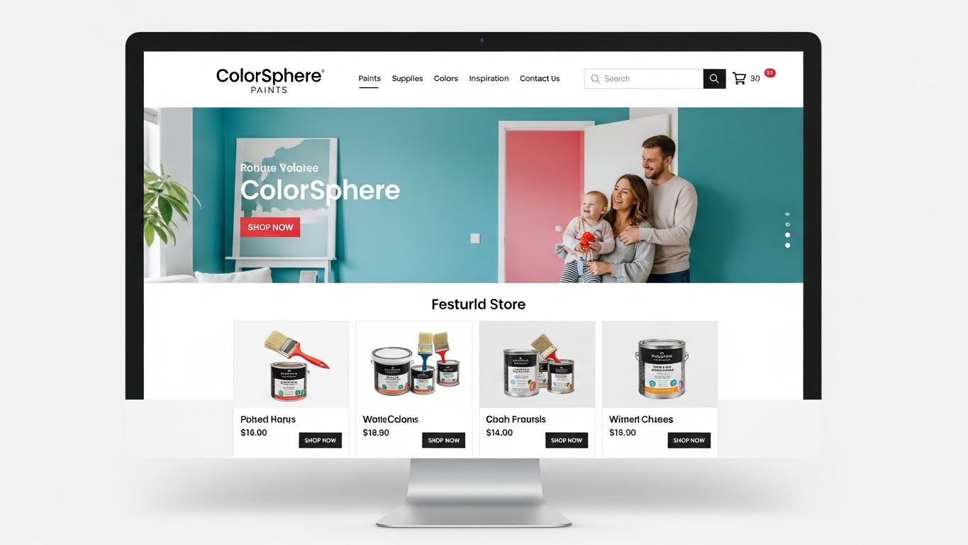 Giao diện website b&aacute;n sơn hiện đại, sạch sẽ với thanh điều hướng r&otilde; r&agrave;ng v&agrave; h&igrave;nh ảnh sản phẩm nổi bật. 