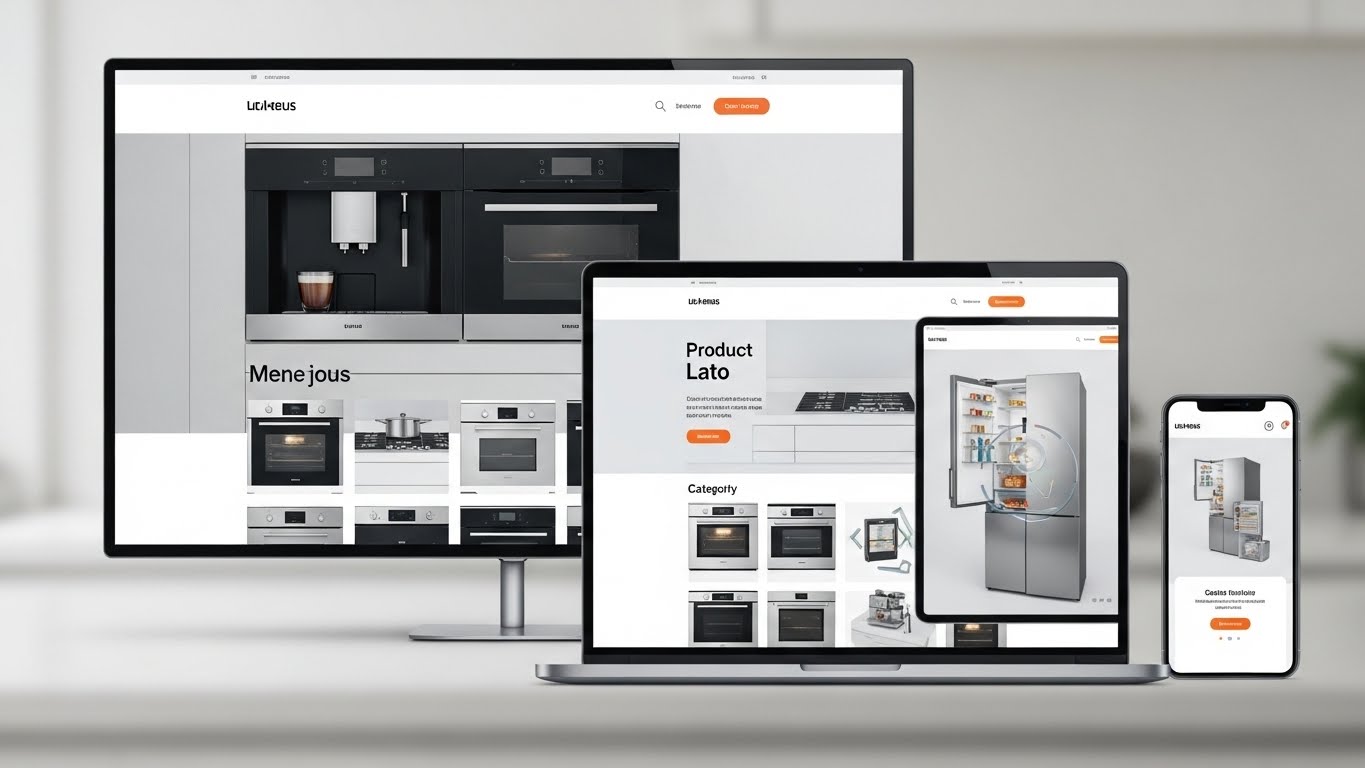 Giao diện website b&aacute;n thiết bị bếp hiện đại tr&ecirc;n nhiều thiết bị. 