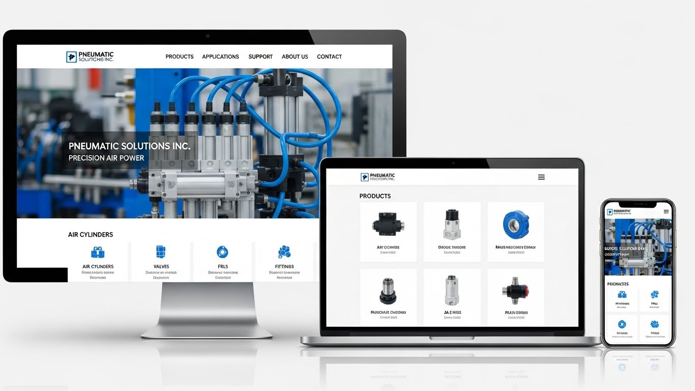 Giao diện website bán thiết bị khí nén chuyên nghiệp hiển thị trên nhiều thiết bị