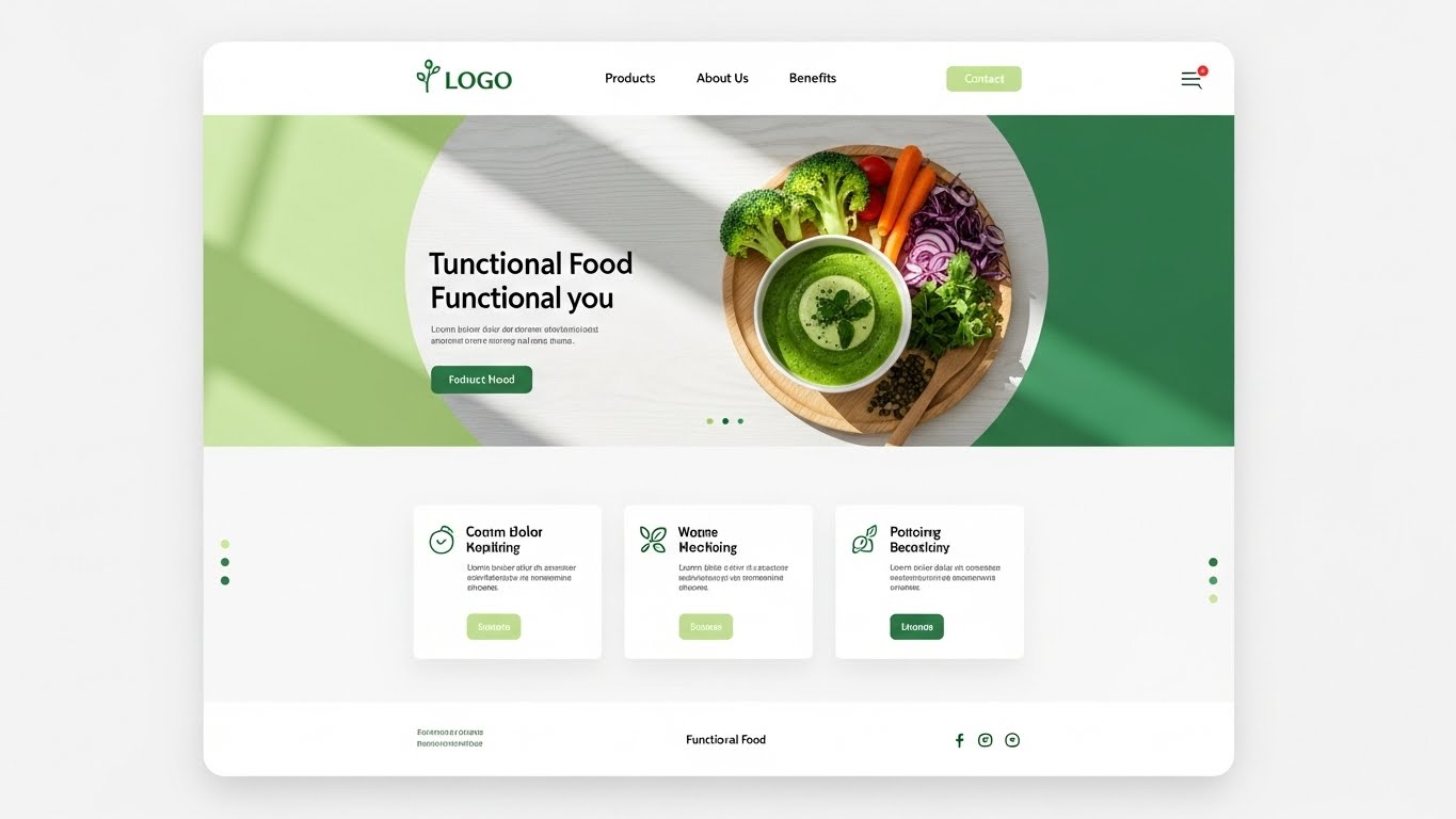 Giao diện website bán thực phẩm chức năng chuyên nghiệp, sạch sẽ với tông màu xanh lá và trắng.
