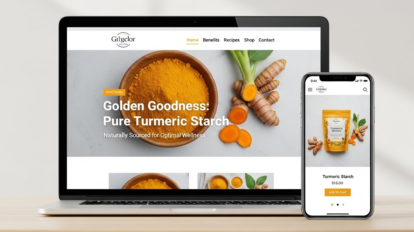 Giao diện website b&aacute;n tinh bột nghệ sạch sẽ v&agrave; chuy&ecirc;n nghiệp tr&ecirc;n laptop v&agrave; điện thoại 