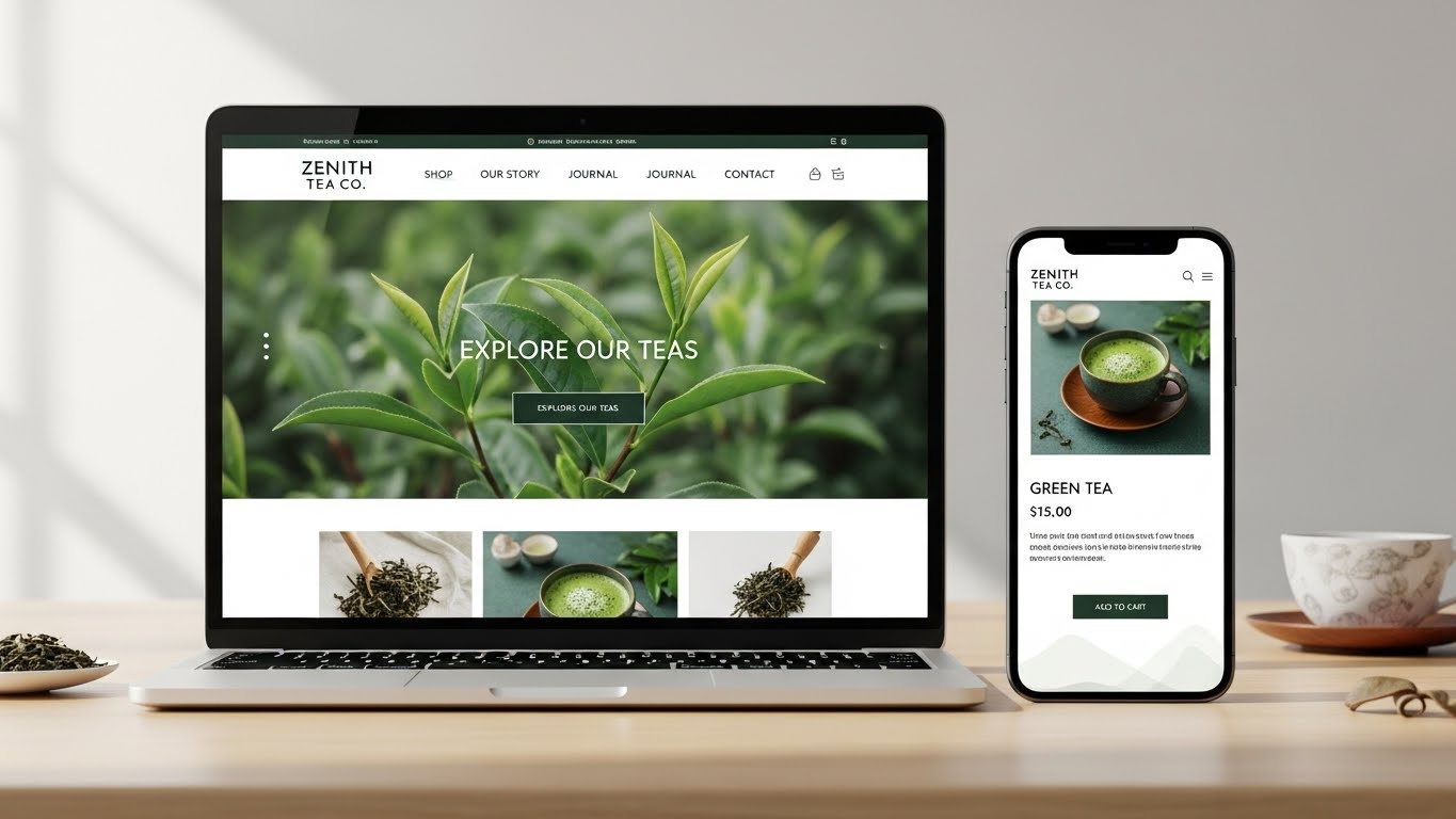 Giao diện website b&aacute;n tr&agrave; xanh hiện đại tr&ecirc;n laptop v&agrave; điện thoại 