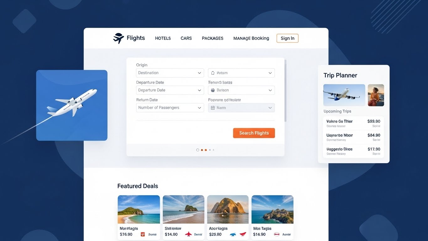 Giao diện website b&aacute;n v&eacute; m&aacute;y bay với c&aacute;c t&iacute;nh năng cốt l&otilde;i được sắp xếp hợp l&yacute; 
