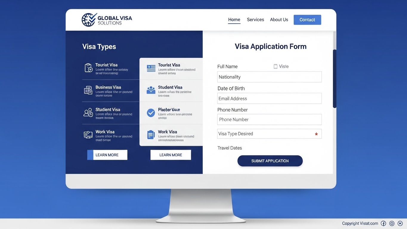 Giao diện website b&aacute;n visa chuy&ecirc;n nghiệp, hiển thị c&aacute;c loại visa v&agrave; form đăng k&yacute; r&otilde; r&agrave;ng. 