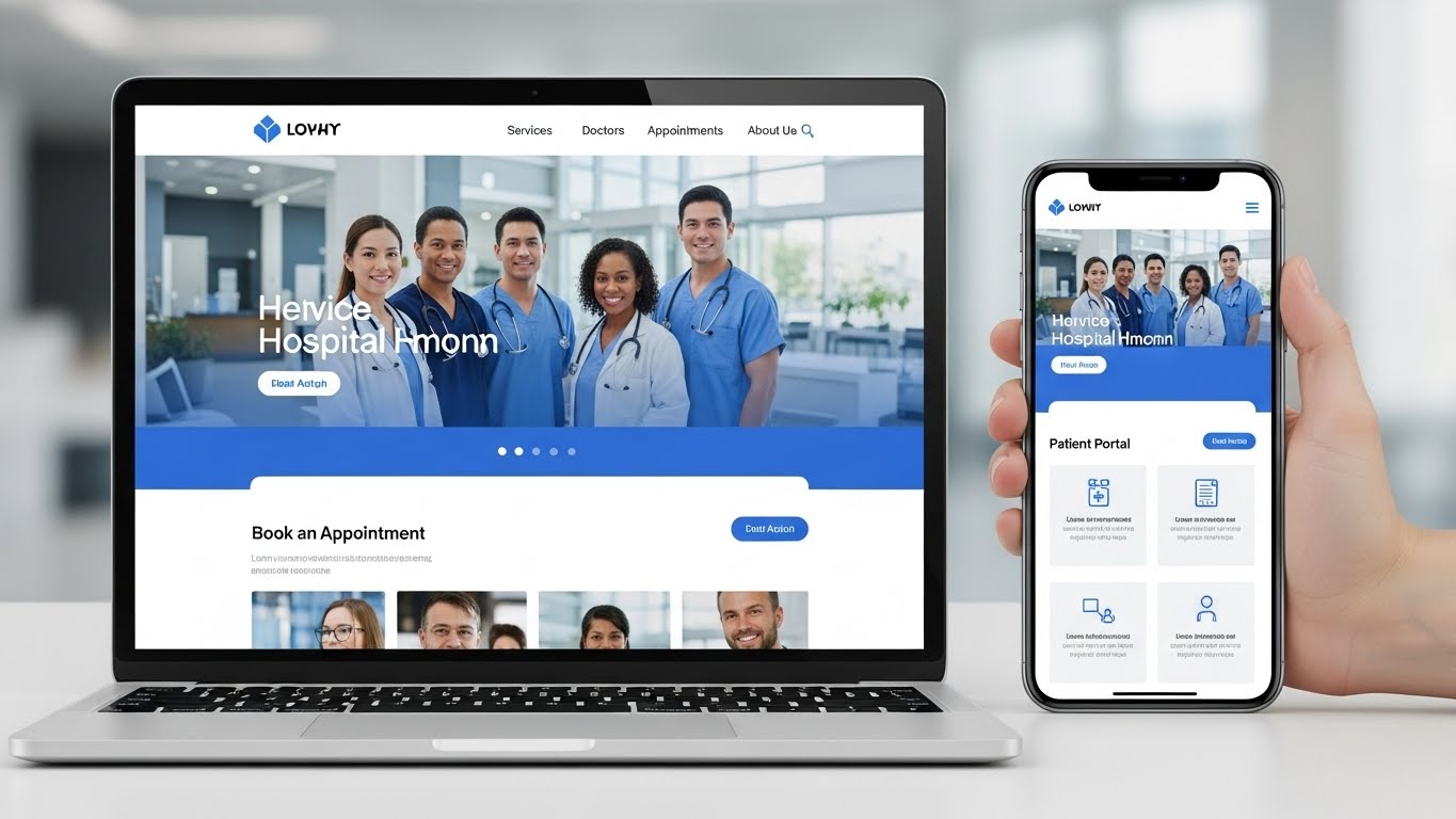 Giao diện website bệnh viện chuy&ecirc;n nghiệp hiển thị tr&ecirc;n laptop v&agrave; điện thoại 