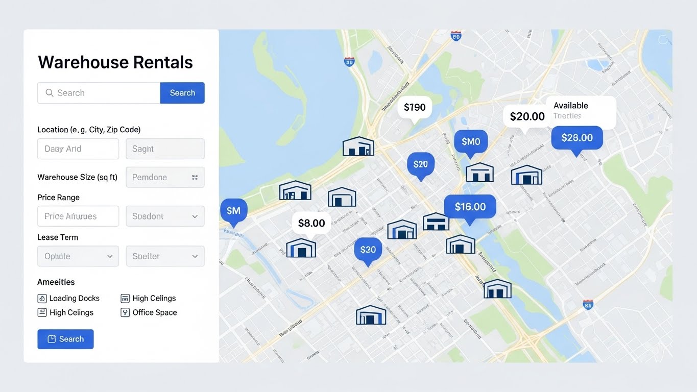Giao diện website cho thu&ecirc; kho b&atilde;i chuy&ecirc;n nghiệp, hiển thị bản đồ v&agrave; bộ lọc t&igrave;m kiếm 