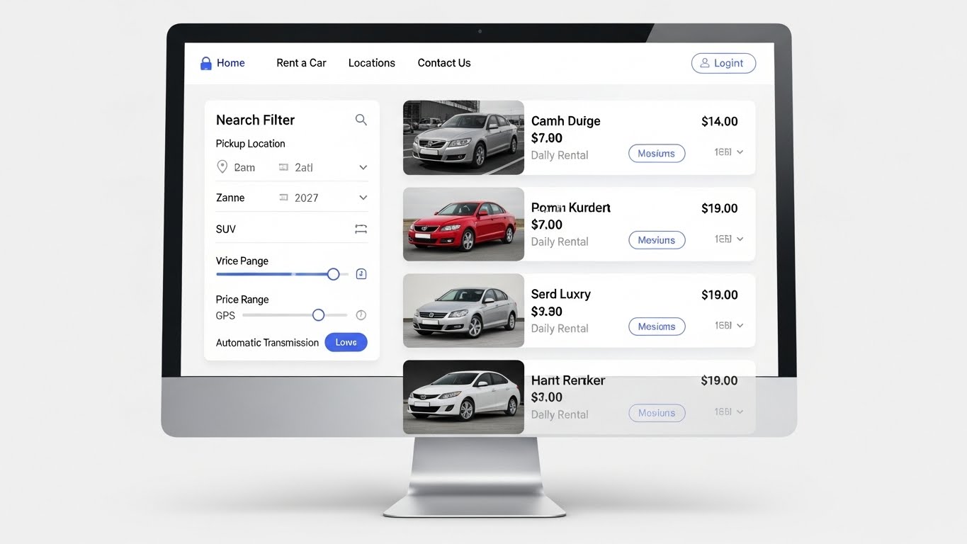 Giao diện website cho thu&ecirc; xe hiện đại, hiển thị danh s&aacute;ch xe &ocirc; t&ocirc; v&agrave; bộ lọc t&igrave;m kiếm 