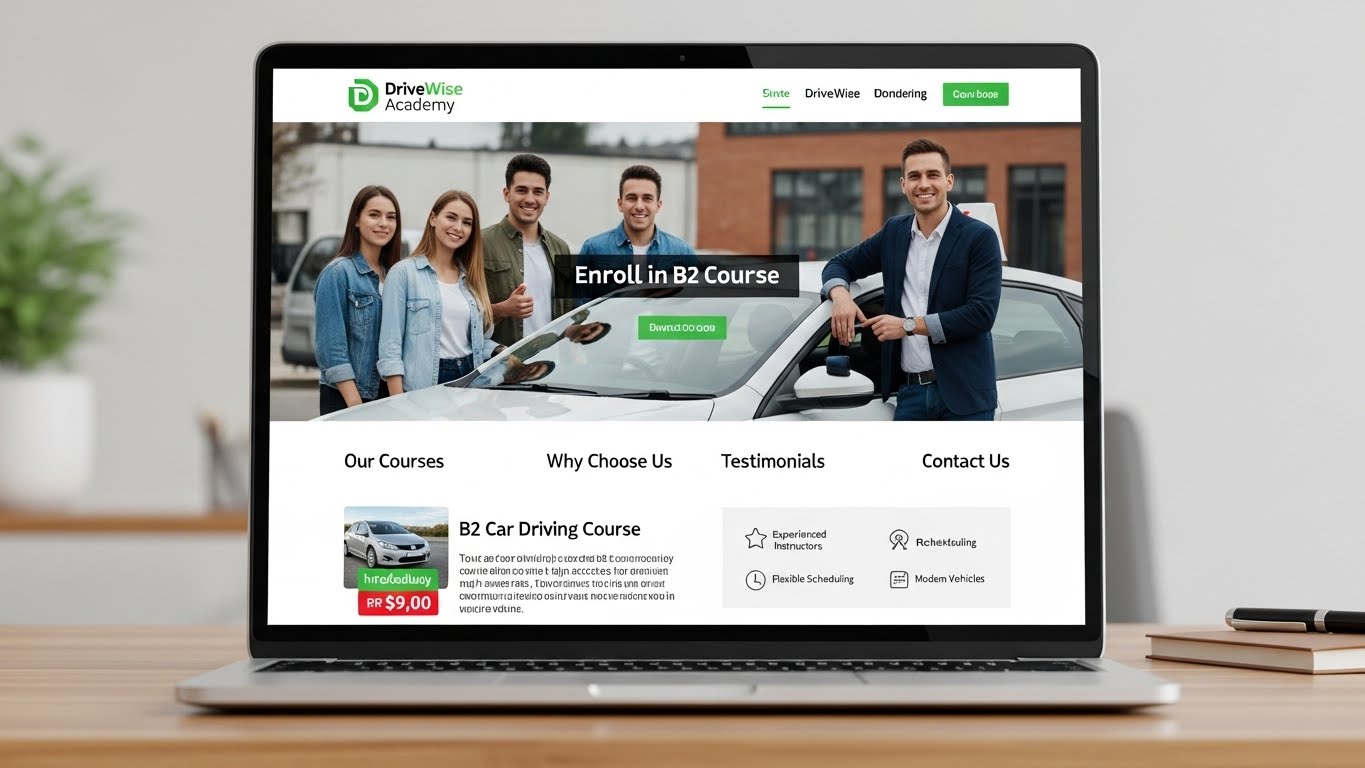 Giao diện website dạy l&aacute;i xe chuy&ecirc;n nghiệp tr&ecirc;n laptop, thu h&uacute;t học vi&ecirc;n đăng k&yacute; kh&oacute;a học B2. 