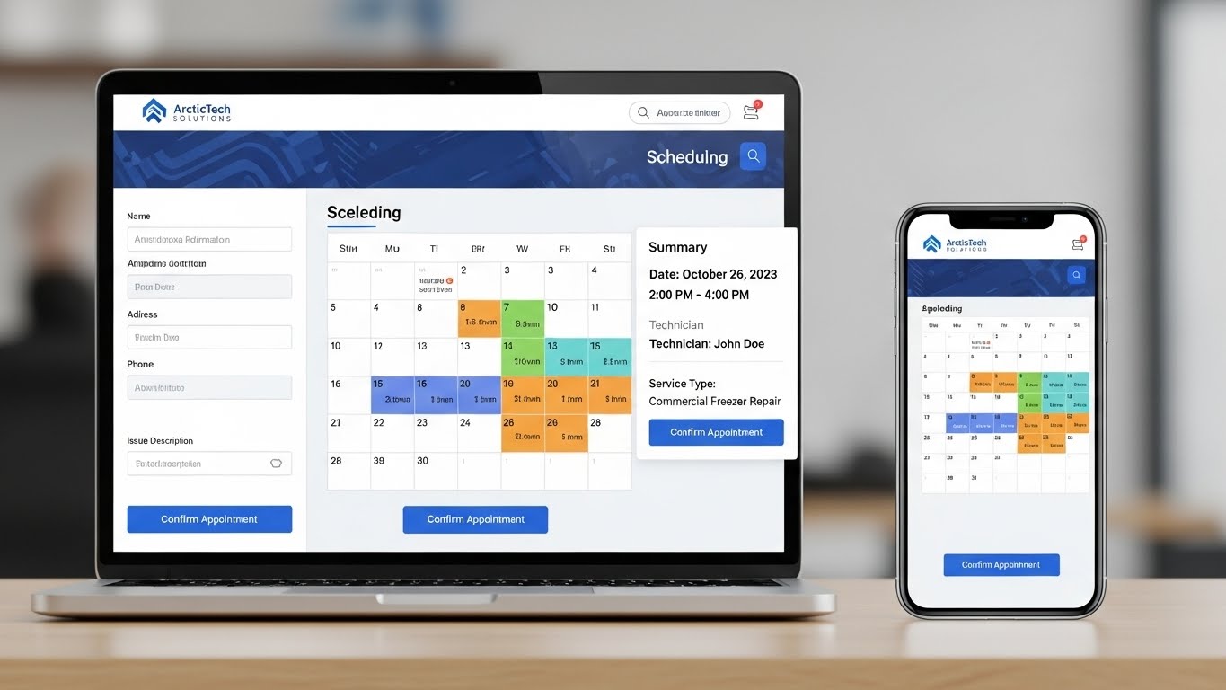 Giao diện website điện lạnh chuyên nghiệp hiển thị trên laptop và điện thoại, thể hiện tính năng đặt lịch sửa chữa.