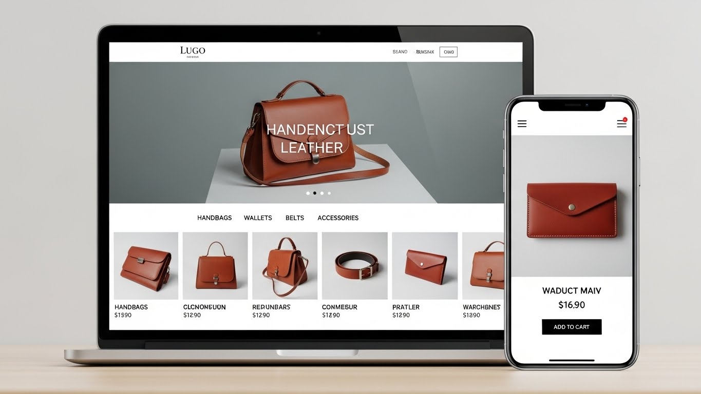 Giao diện website đồ da sang trọng hiển thị tr&ecirc;n laptop v&agrave; điện thoại 