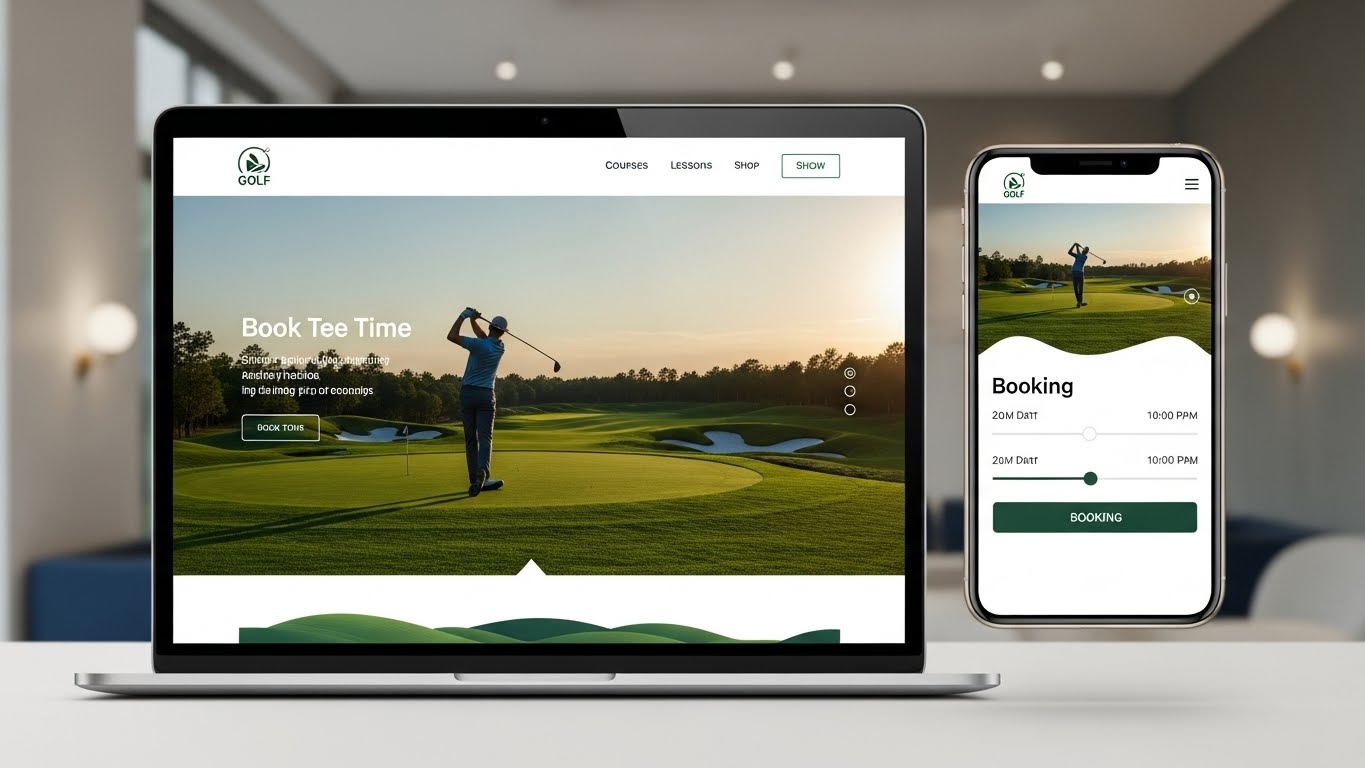 Giao diện website golf sang trọng, hiển thị tr&ecirc;n laptop v&agrave; di động 