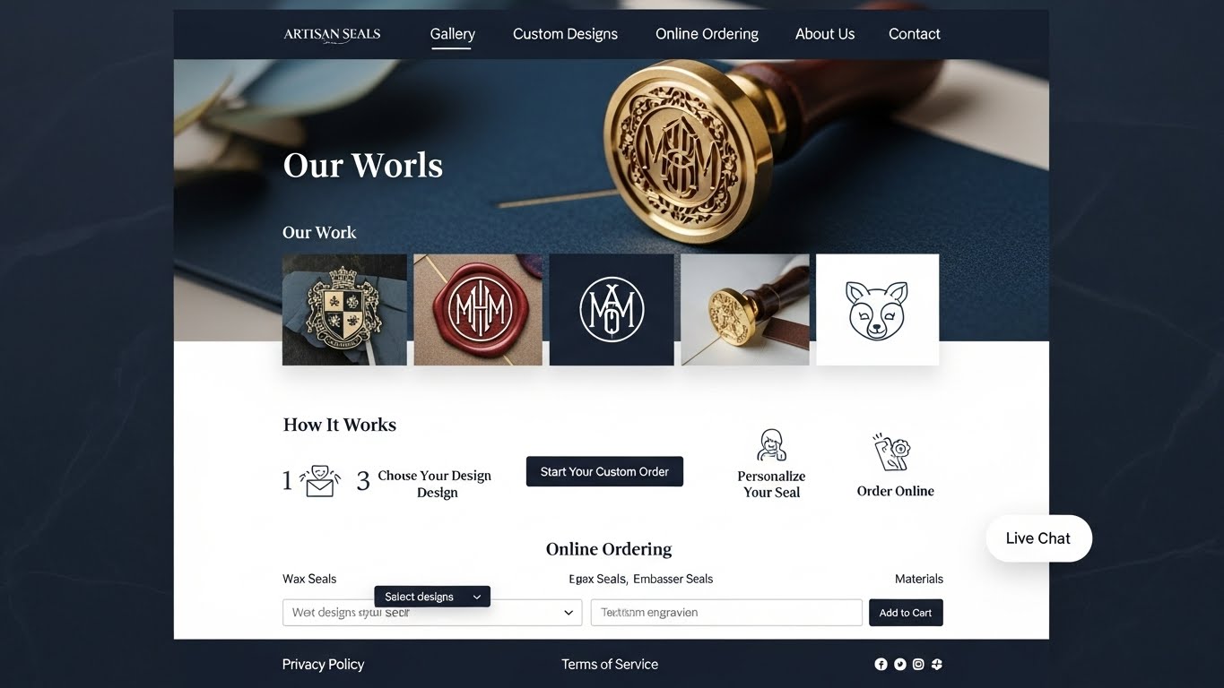 Giao diện website khắc dấu hiển thị c&aacute;c t&iacute;nh năng ch&iacute;nh như thư viện mẫu, đặt h&agrave;ng online v&agrave; chat trực tuyến 